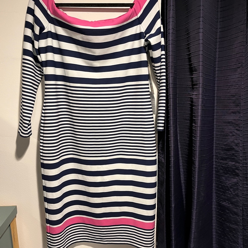 Eliza J Navy and Pink Striped Long Sleeve Dress